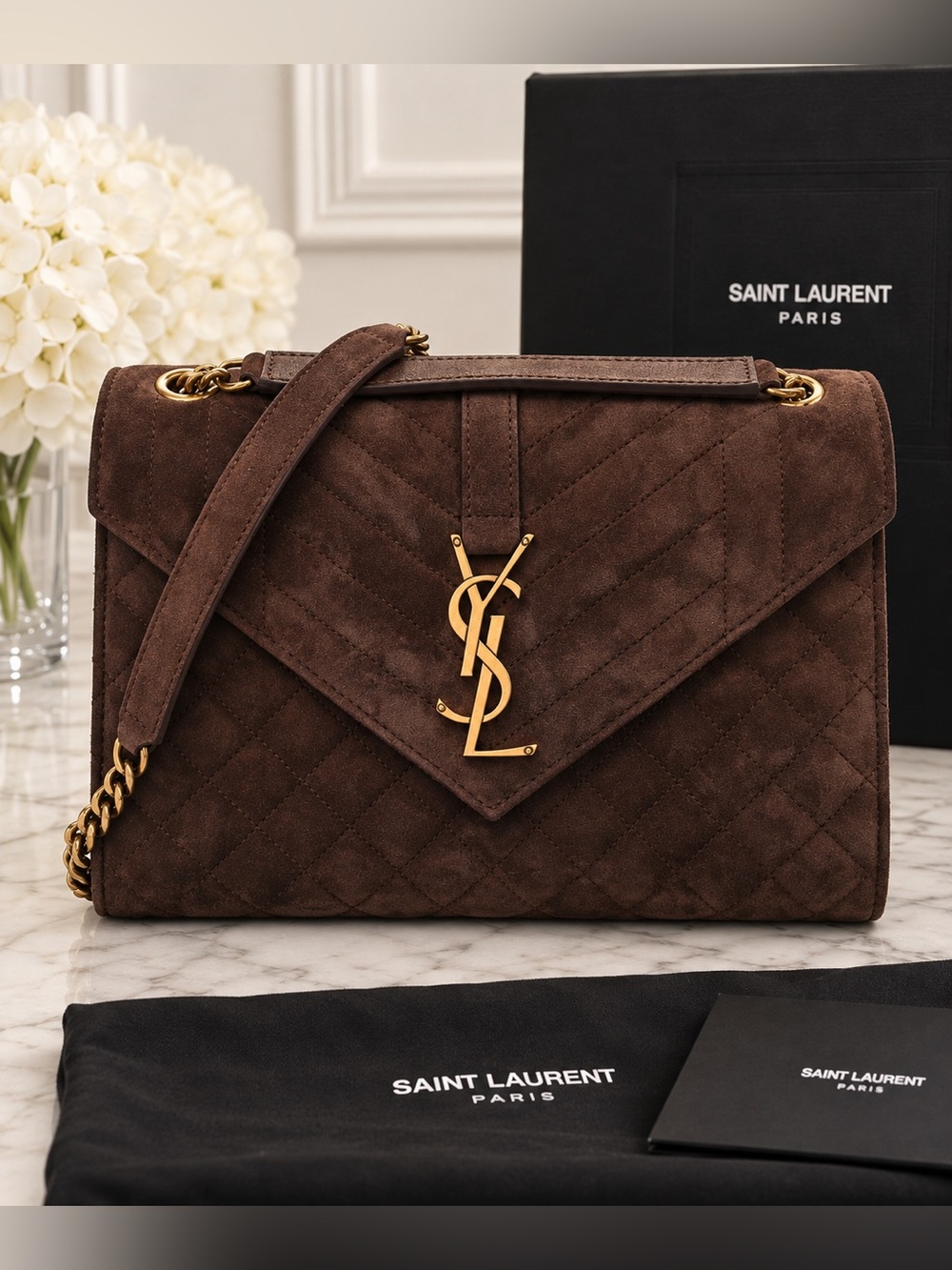 Saint Laurent Suede Mixed Matelasse Triquilt Medium Monogram Satchel Bark Brown